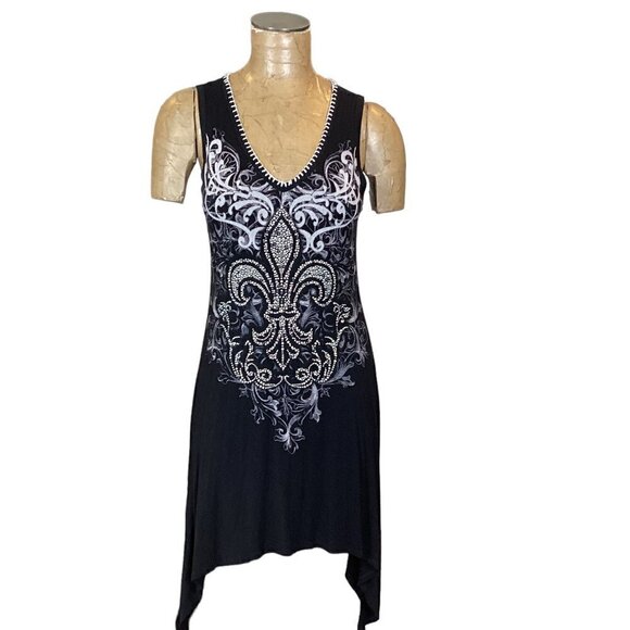 Vocal USA Sleeveless Graphic Beaded Dress Black Sharkbite Hem 262i - Picture 1 of 7